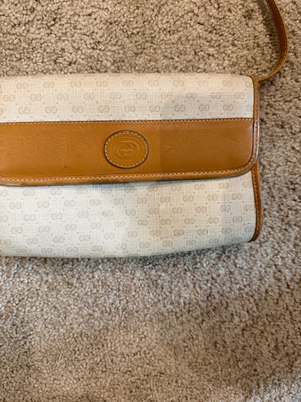 Vintage Gucci Beige Canvas Shoulder Bag with Tan Leather Trim